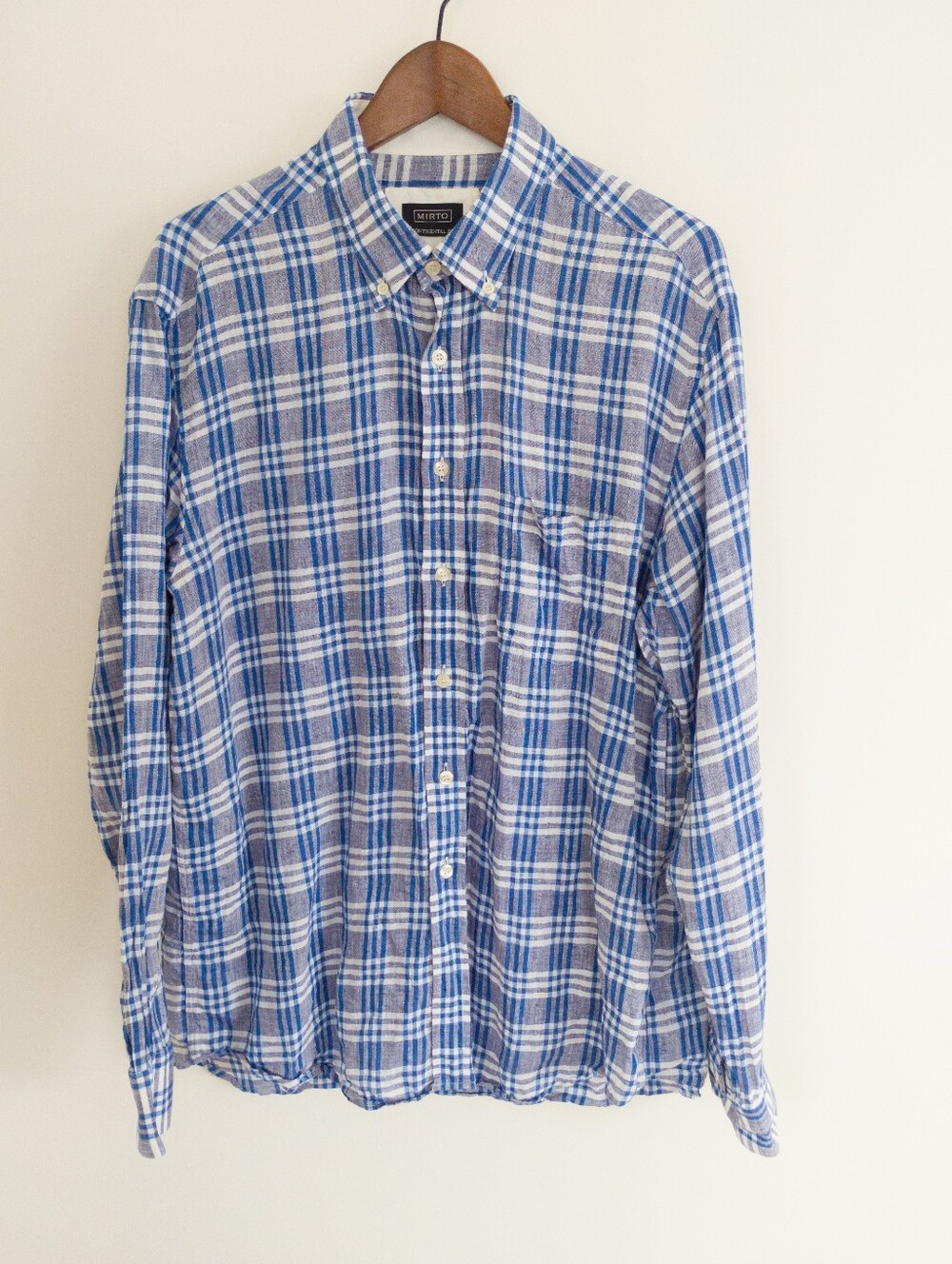 Mirto Spain Continental Fit Blue Plaid Linen Button Down Shirt XL
